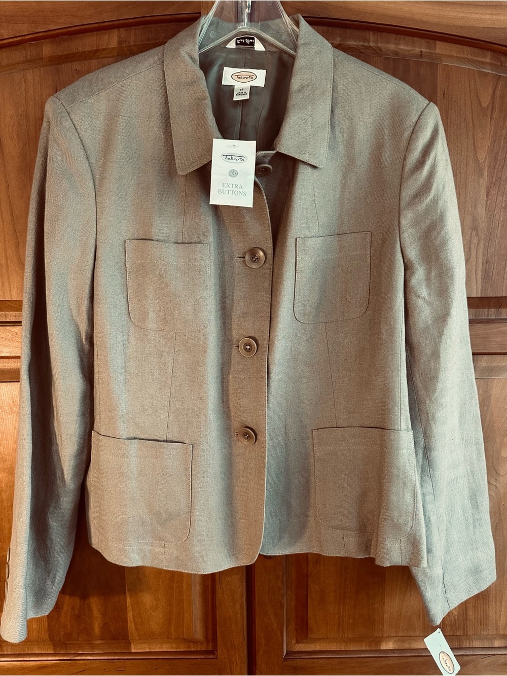 Talbots Khaki-Taupe Linen 4- Button Lined Jacket, 18, NWT PTP 25”